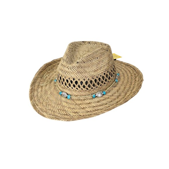 Natural Woven Straw Cowboy Hat With Beaded Trim By Broner Ladies One Size - Picture 1 of 8